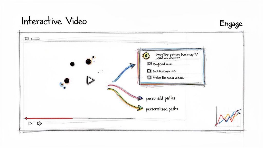 Hand-drawn sketch of an interactive video player with personalized paths, engagement options, and a graph.