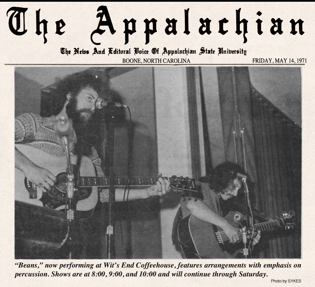 the original Beans - Paul Levine, aka Polar Levine, Polarity/1; Courtney Colletti, Skip Roberts, Luis Molina. Press - The Appalachian, Appalachian State University, May 14 1971