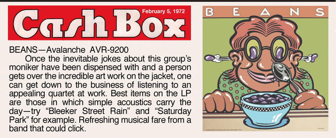 Beans - Paul Levine, aka Polar Levine, Polarity/1; Courtney Colletti, Skip Roberts, Luis Molina. Press - CashBox Magazine, February 5, 1972