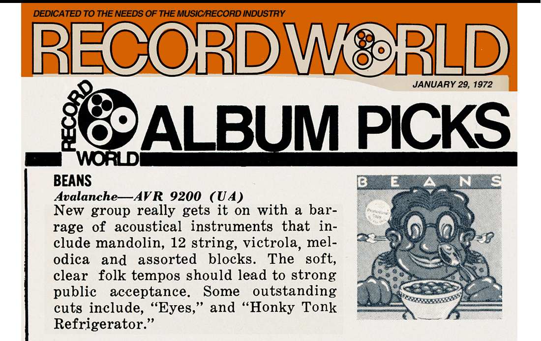 Beans - Paul Levine, aka Polar Levine, Polarity/1; Courtney Colletti, Skip Roberts, Luis Molina. Press, Album Pic - Record World Magazine, January 29, 1972