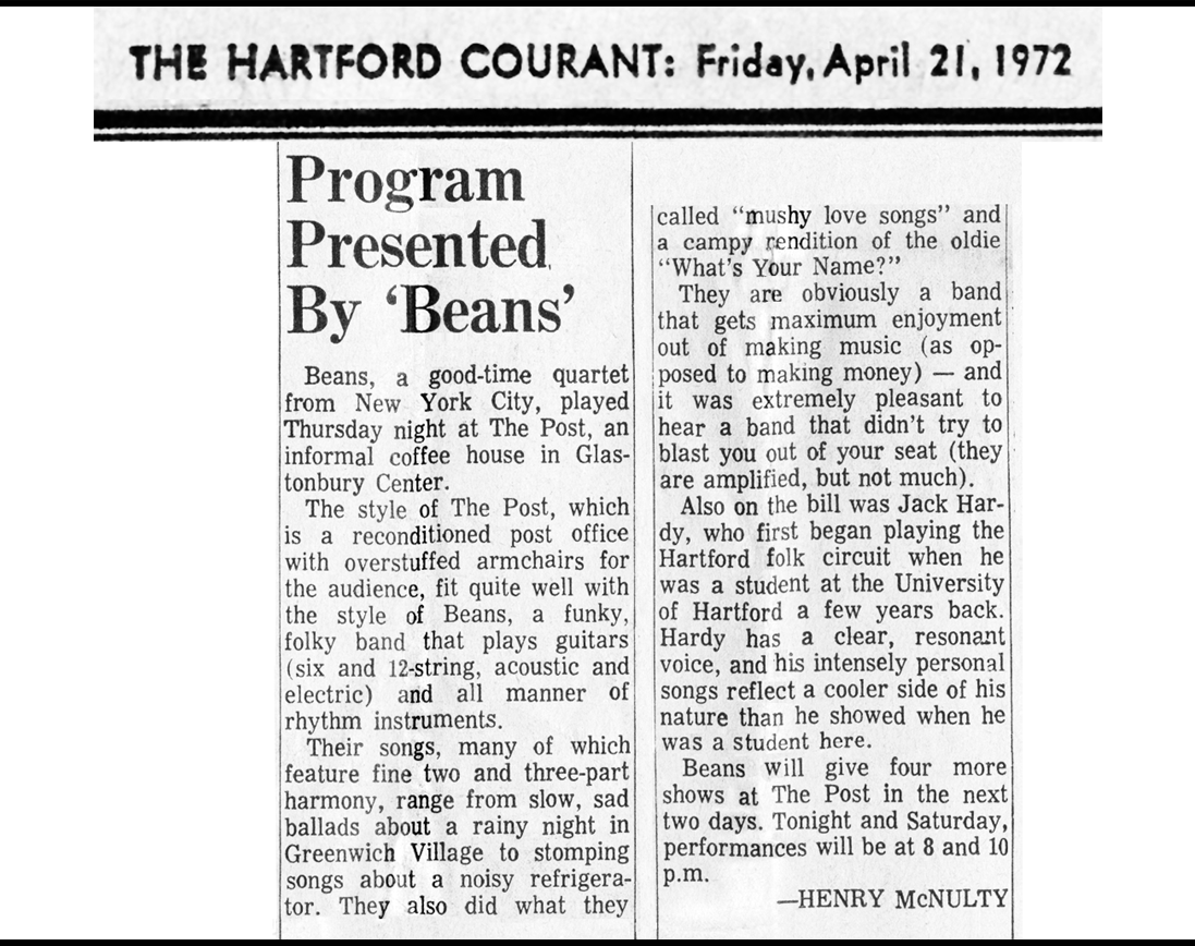 the original Beans - Paul Levine, aka Polar Levine, Polarity/1; Courtney Colletti, Skip Roberts, Luis Molina. Press, The Hartford Courant, Apr 1972