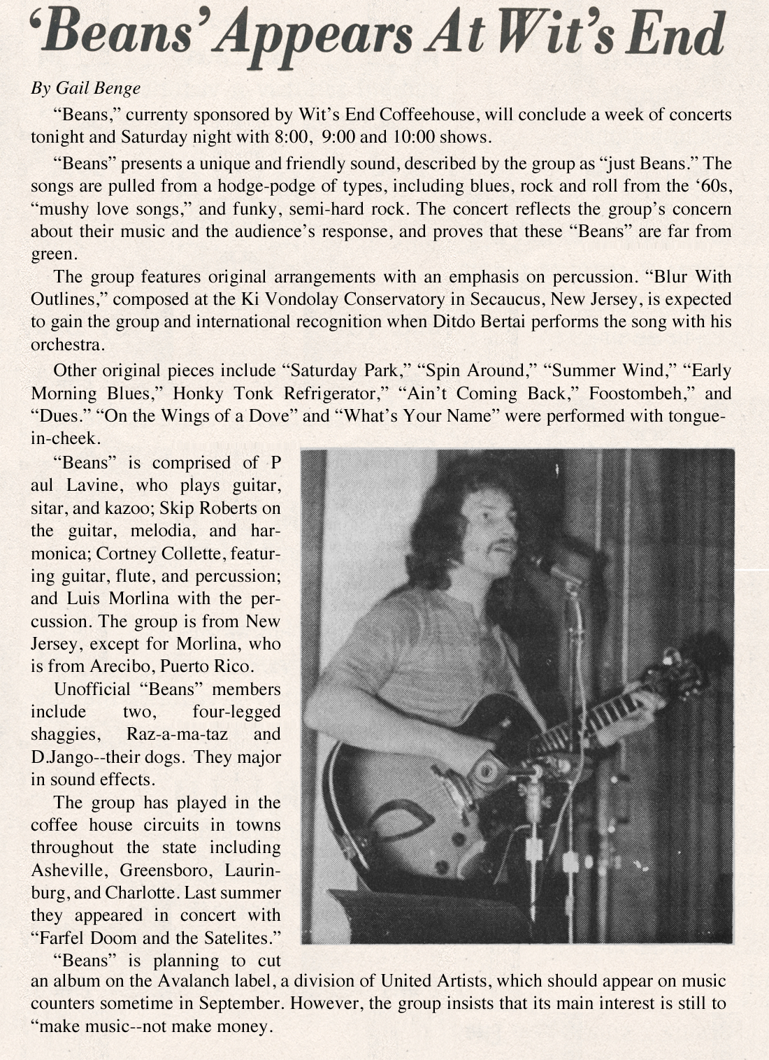 the original Beans - Paul Levine, aka Polar Levine, Polarity/1; Courtney Colletti, Skip Roberts, Luis Molina. Press - The Appalachian, Appalachian State University, May 14 1971