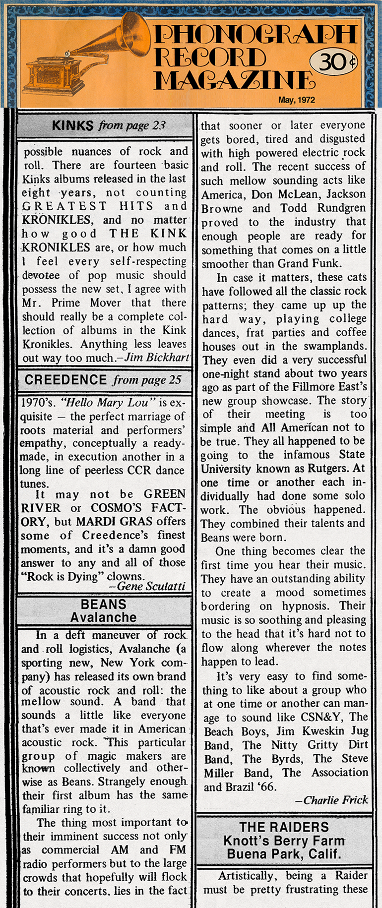 the original Beans - Paul Levine, aka Polar Levine, Polarity/1; Courtney Colletti, Skip Roberts, Luis Molina. Press, Phonograph Record Magazine, 1972