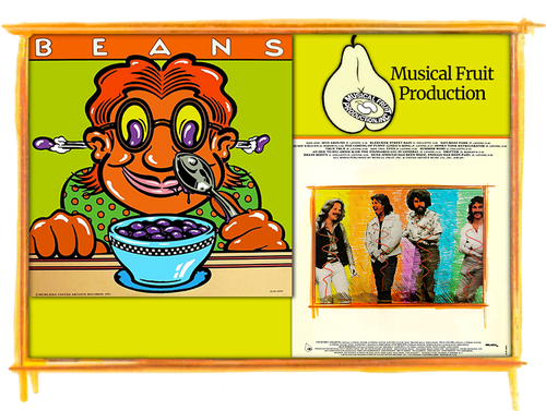 the original Beans - Paul Levine, aka Polar Levine, Polarity/1; Courtney Colletti, Skip Roberts, Luis Molina. illustration-John Van Hamersveld, photo-LP, Avalanche Records AVR-9200, United Artists, Musical Fruit Productions, 1972