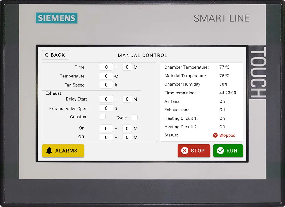 Industrial Food Dehydrator PLC (Programmable Logic Controller) Control Panel - Manual Control is used when you want to run a single batch cycle recipe that will not be used again and is simply a one-off cycle.