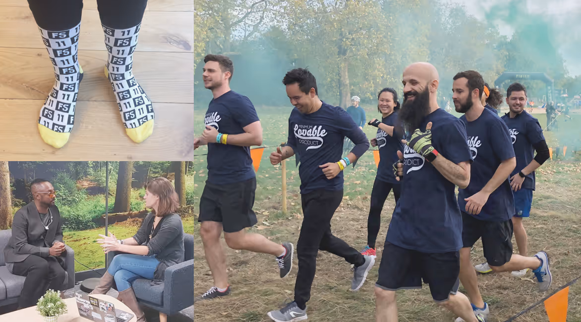 11:FS socks, 11:FS host interviewing will.i.am, 11:FS team members participating in fitness challenge