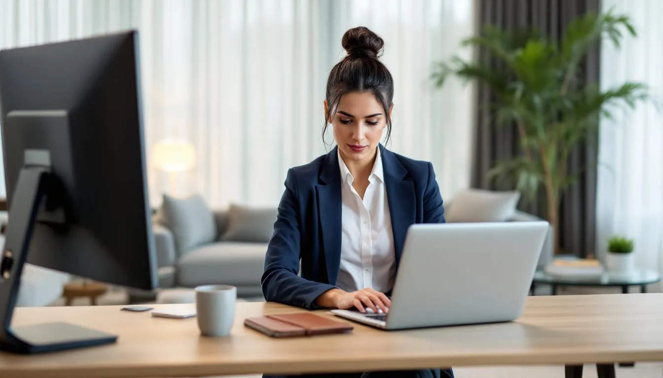 A professional woman is seated at a sleek desk in a modern home office, focused on her laptop as she works remotely. The setup includes stylish decor and ample natural light, highlighting the flexibility and benefits of remote jobs.