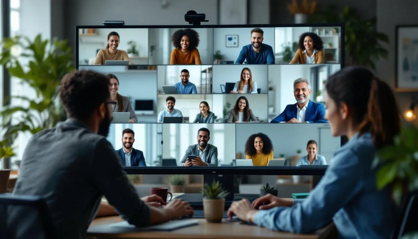 In the image, a diverse team of remote workers is engaged in a video conference call, collaborating effectively from their respective locations. The professionals are focused on discussing strategies and sharing ideas, highlighting the benefits and challenges of remote jobs in today's business world.