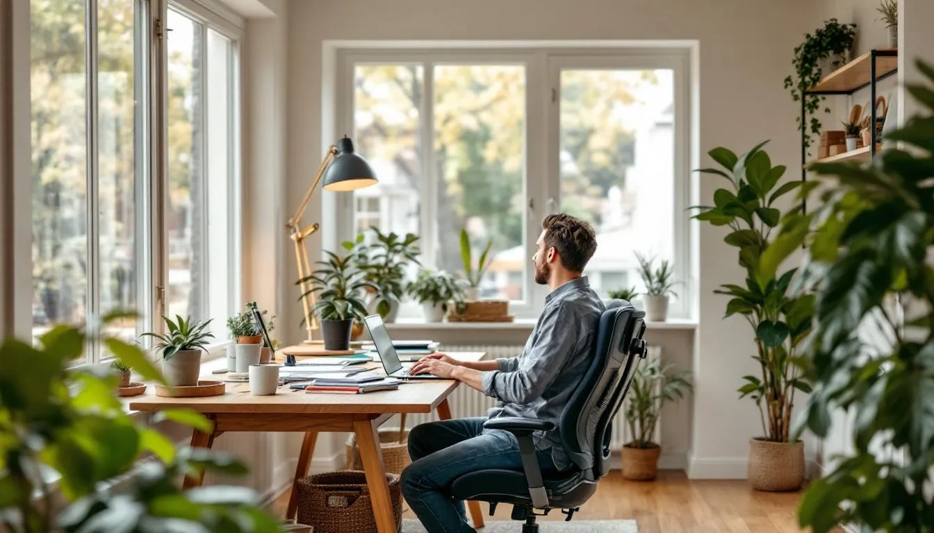 In a bright and inviting home office, a remote worker is seated comfortably at a desk surrounded by lush plants, enjoying the natural light streaming in. This setup highlights the benefits of working remotely, providing a serene environment for productivity and focus.