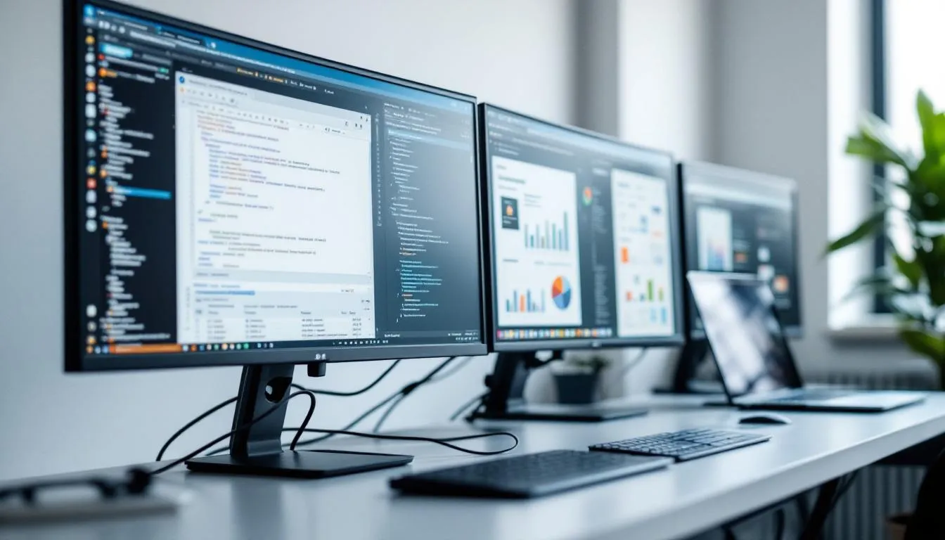 A modern workspace is depicted with multiple monitors displaying various productivity applications, ideal for remote workers managing their tasks efficiently. This setup highlights the flexibility and opportunities available for those who work remotely, allowing them to connect and collaborate effectively from any location.