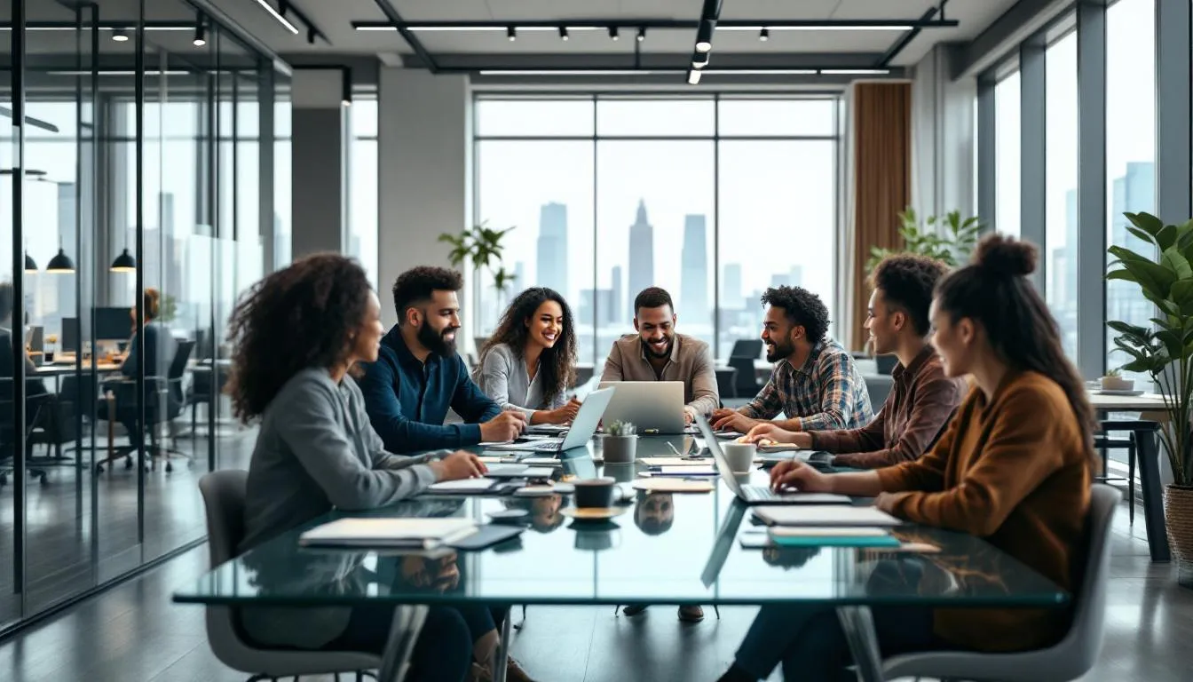 In a modern office setting, a diverse group of professionals collaborates around a table, showcasing a positive company culture and strong employer brand. Their engagement reflects the company's commitment to employee experience and effective employer branding efforts, making it an attractive workplace for current and future employees.