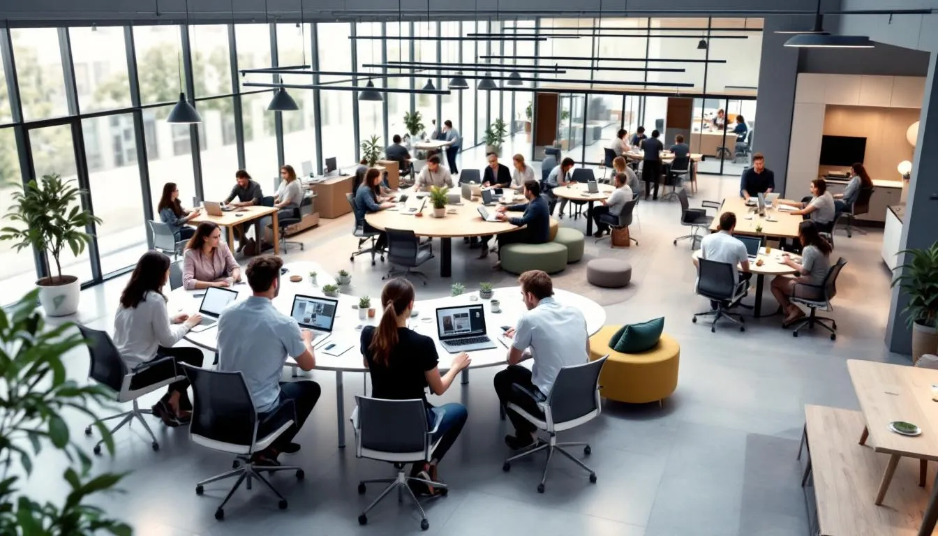 A modern workplace featuring flexible work arrangements and collaborative spaces, designed to enhance employee engagement and reflect a strong employer brand. The open layout encourages teamwork and communication among current employees, fostering a positive company culture that attracts top talent.