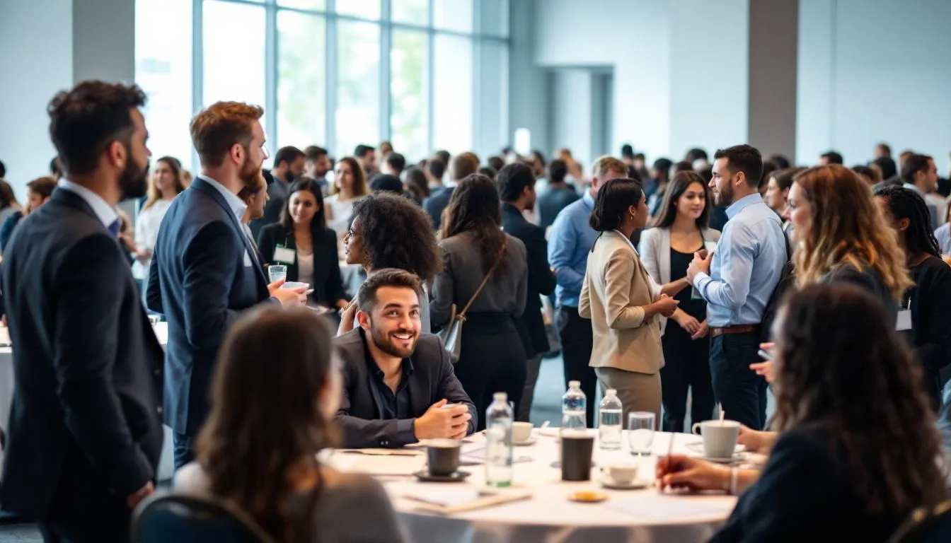 A professional networking event showcases a diverse group of attendees, including current employees and job seekers, engaging in conversations that highlight the company's strong employer brand and positive company culture. The atmosphere is vibrant, fostering connections that enhance employee engagement and attract top talent in today's competitive talent market.