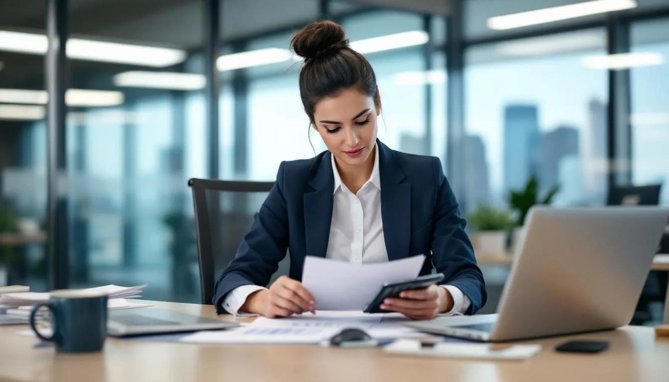 A professional woman sits at her desk, reviewing salary documents while using a calculator and a laptop, indicating her focus on understanding compensation and earning potential for various jobs. The scene reflects her role as a job seeker exploring accurate data related to salaries and benefits in her current job or a new job opportunity.