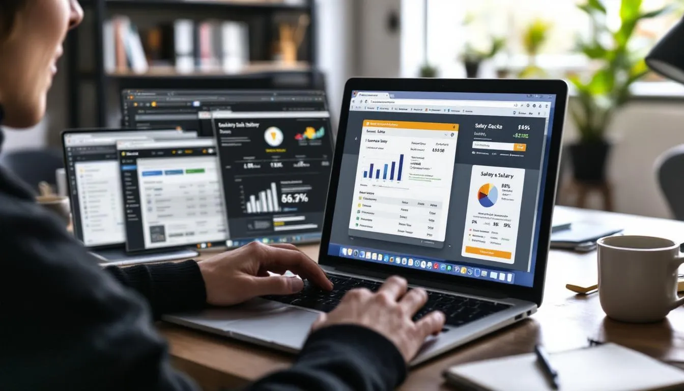 A person is seated at a desk, using a laptop to research salary data, with multiple browser tabs open displaying information on job salaries, earning potential, and industry trends. This scene illustrates job seekers exploring accurate data to make informed decisions about their current job or a new job offer.