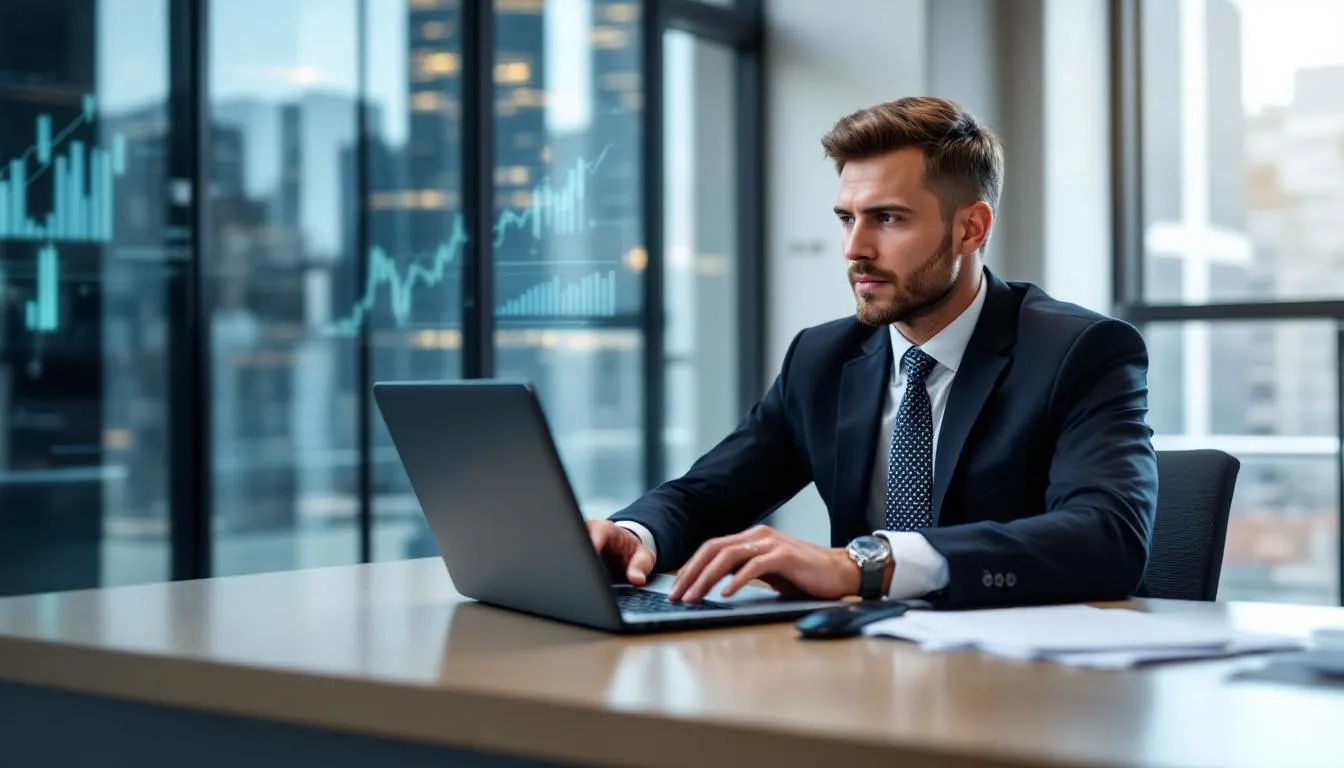 A professional is focused on their laptop, where financial charts and growth graphs are displayed, indicating the analysis of job salaries and earning potential in various industries. This scene suggests the importance of accurate data for job seekers exploring new job opportunities and assessing compensation packages from employers.