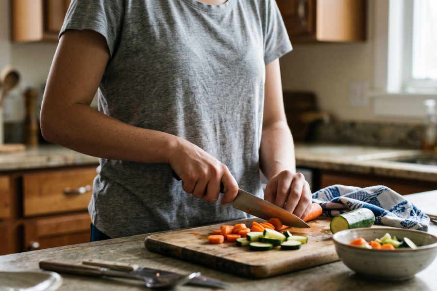 A close-up of a young woman's hands chopping fresh carrots and zucchini on a wooden cutting board, demonstrating hands-on meal preparation, cooking, and life skills training in a residential kitchen.