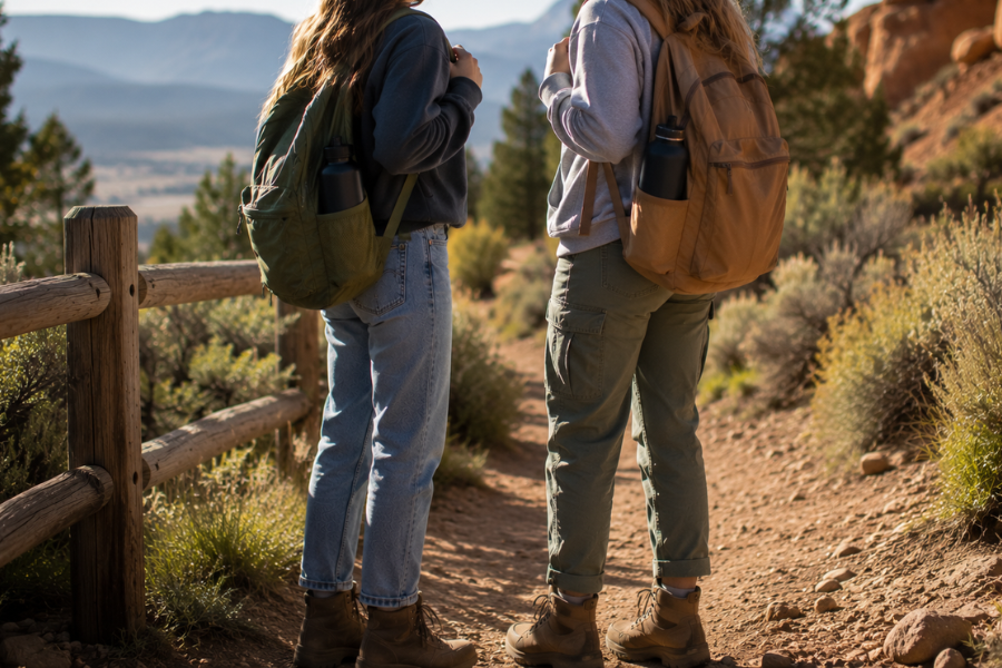 Two adolescent girls hiking together during an outdoor wellness activity near Imperial Healing House in Provo, Utah.