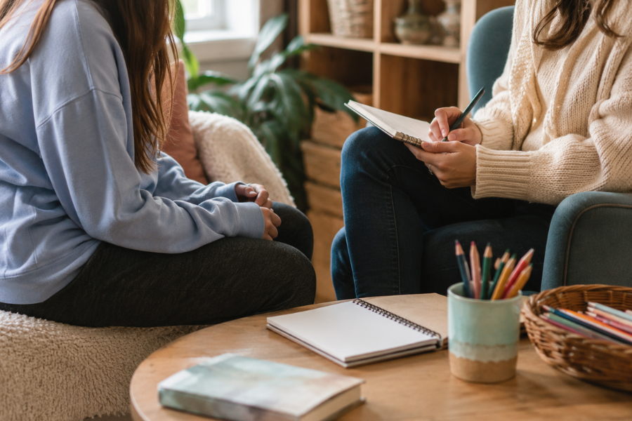 Adolescent girl meeting with a therapist in a supportive counseling setting at Imperial Healing House in Provo, Utah.