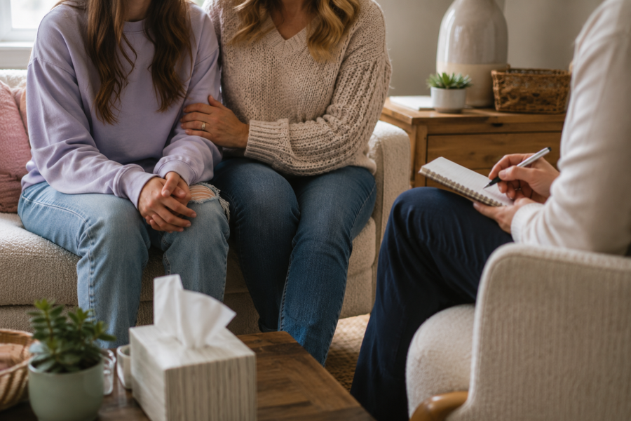 Adolescent girl and parent meeting with a therapist during family therapy at Imperial Healing House in Provo, Utah.