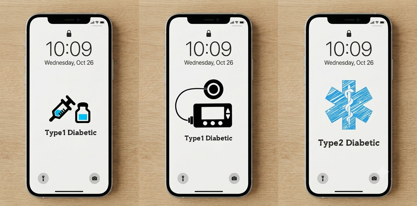 Three phones on a wooden table showing the syringe and vial, insulin pump, and Star of Life lock screens.