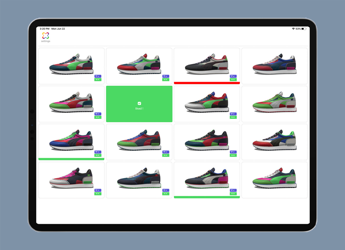 mix on iPad: a grid of generated sneaker colorways.