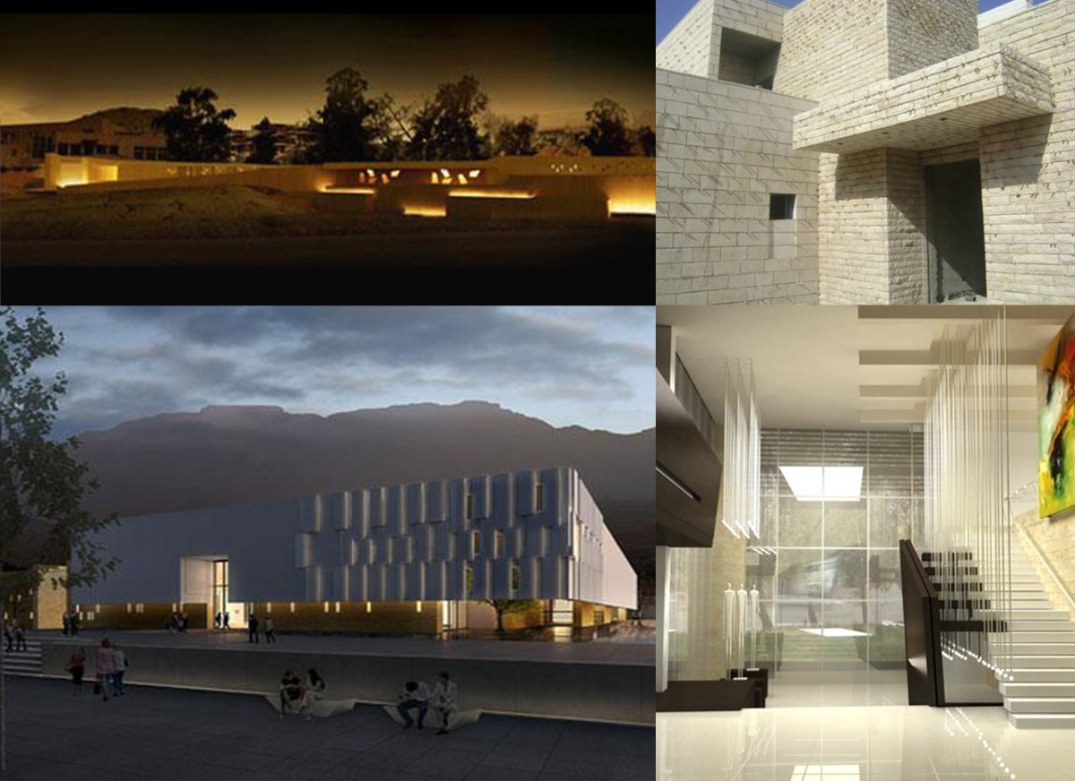 Collage of architecture renders: a building lit at night, a stone facade and a glass-fronted interior.