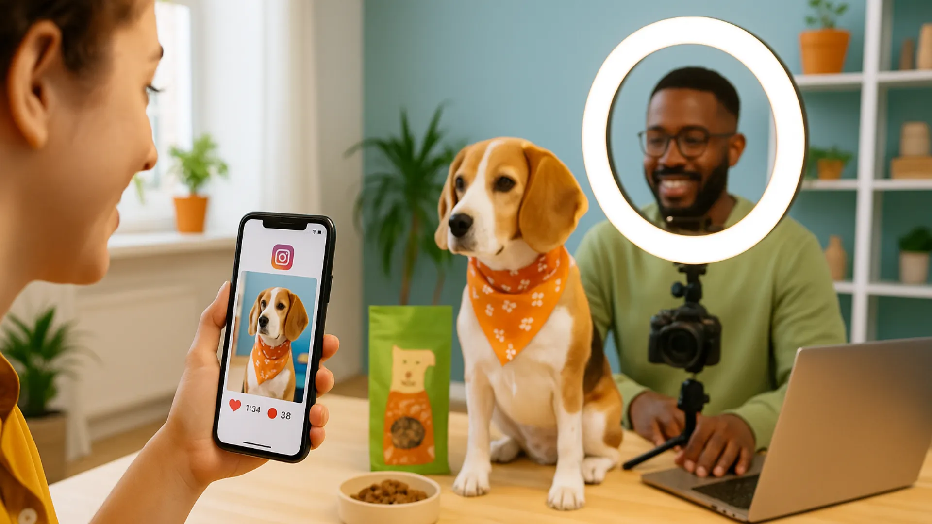Hund sitzt vor einem Ringlicht mit Kamera, dahinter arbeiten zwei Personen an Laptop und Smartphone an einem Beitrag
