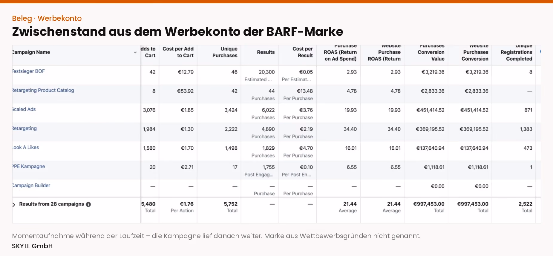 Screenshot aus dem Werbekonto der BARF-Marke als Beleg für das Kampagnenergebnis