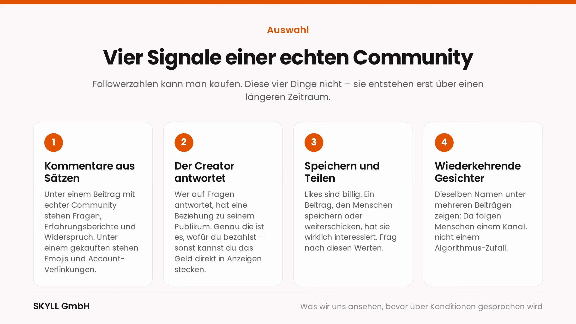 Grafik: vier Signale einer echten Community – Kommentare aus Sätzen, der Creator antwortet, Speichern und Teilen, wiederkehrende Gesichter