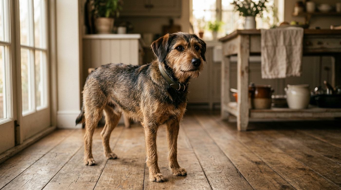 Drahthaariger Mischlingshund steht in einer Landhausküche mit Holzboden