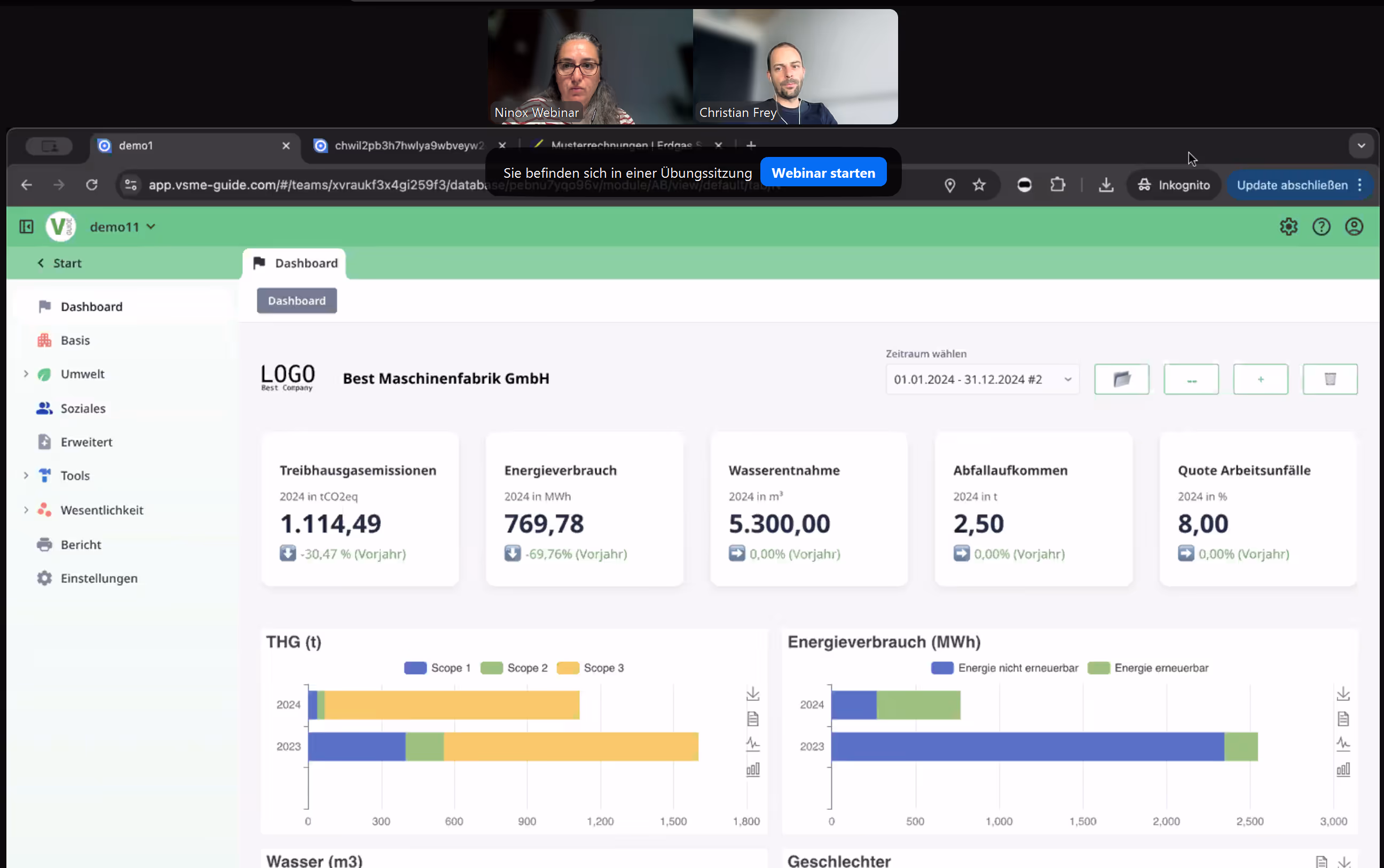 Webinar participants in video windows above a dashboard from Best Maschinenfabrik GmbH with data on greenhouse gas emissions, energy consumption, water withdrawal, waste generation and accident rate for 2024.