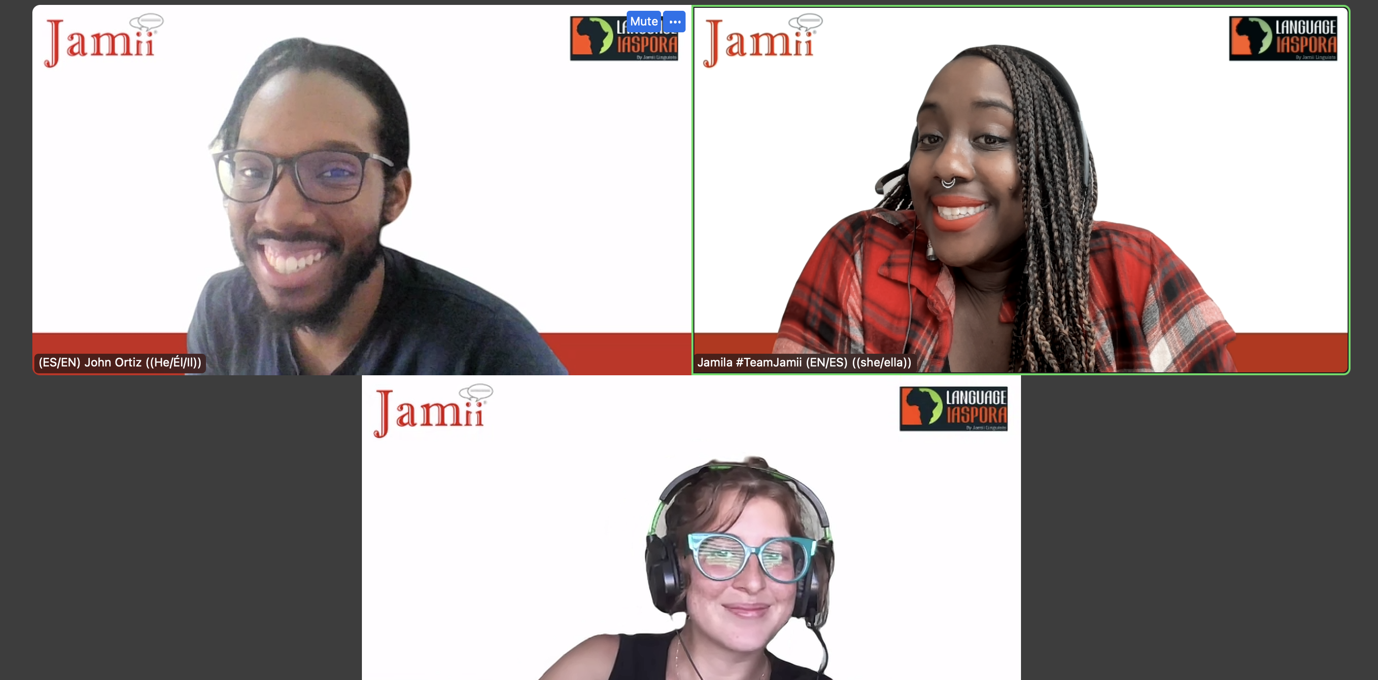 John, Kata and Jamila on a Jamii Linguists video call
