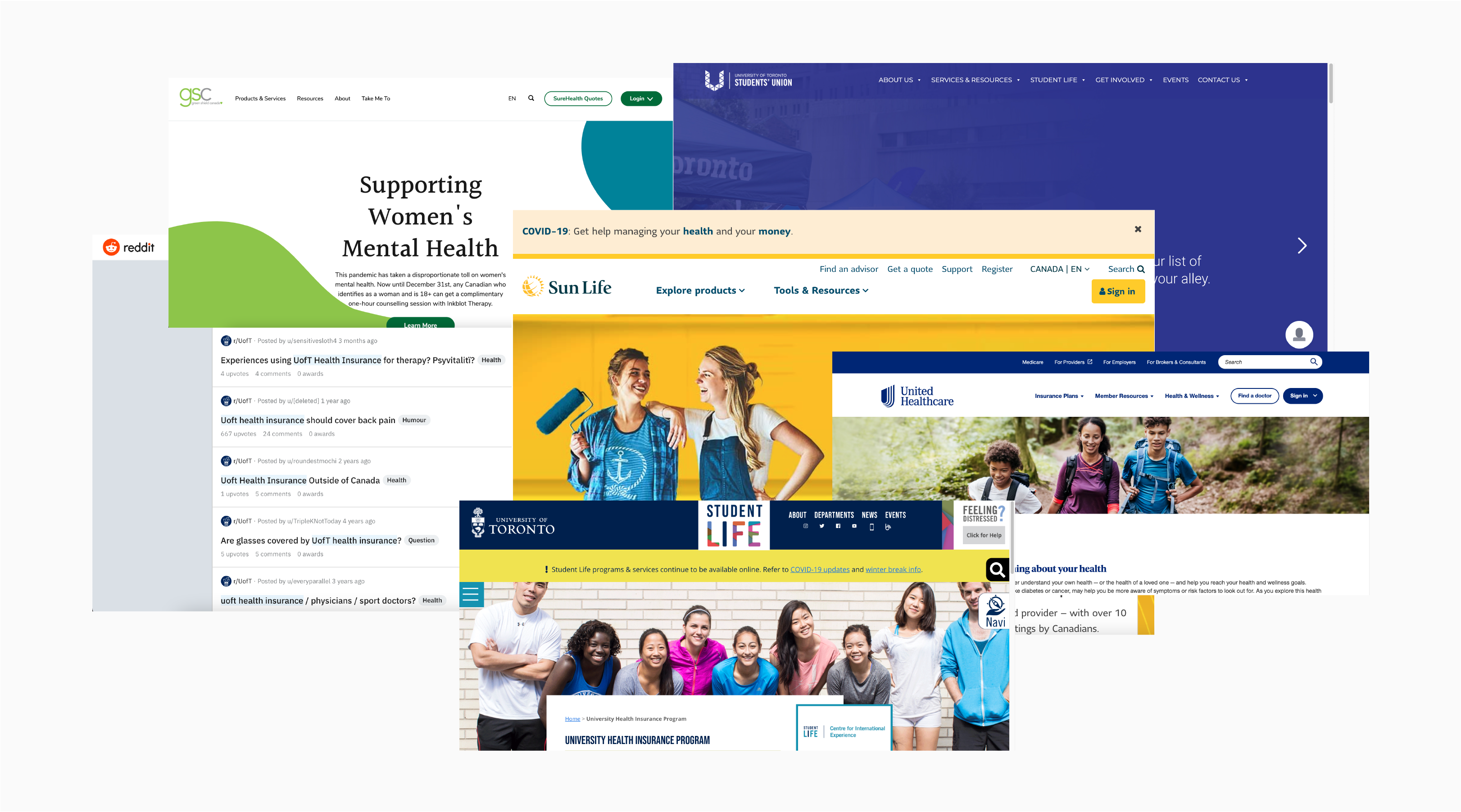Collage of Reddit, GreenShield, Student Union, Student Life and Health and Wellness websites.