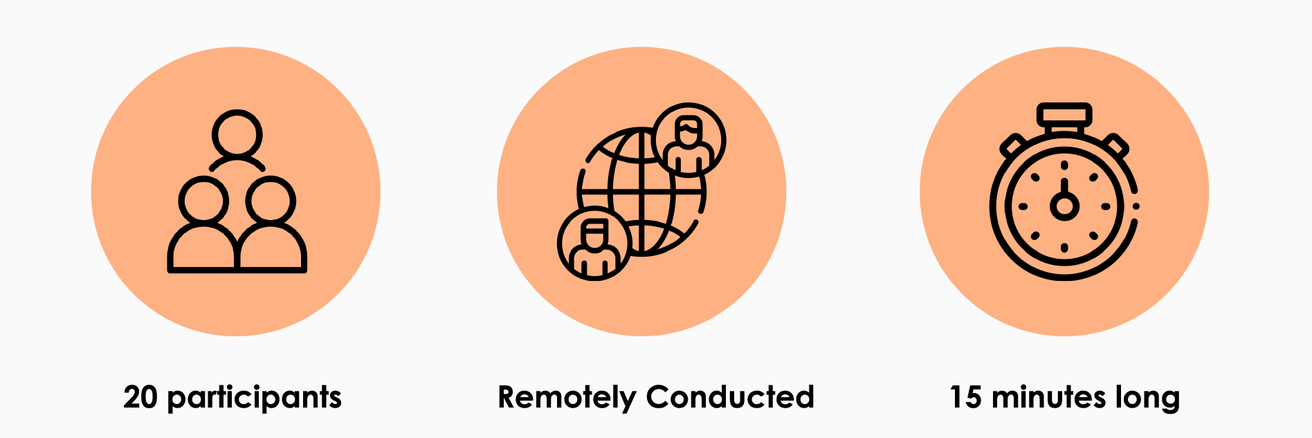 Demographic description with icons - twenty remote interviews of fifteen minutes length each.
