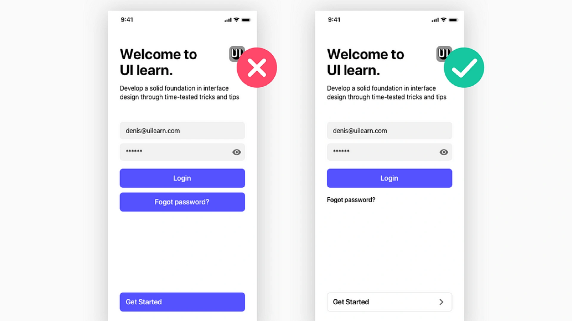 Left Side (Bad Hierarchy), Right Side (Good Hierarchy) Regarding to UI 