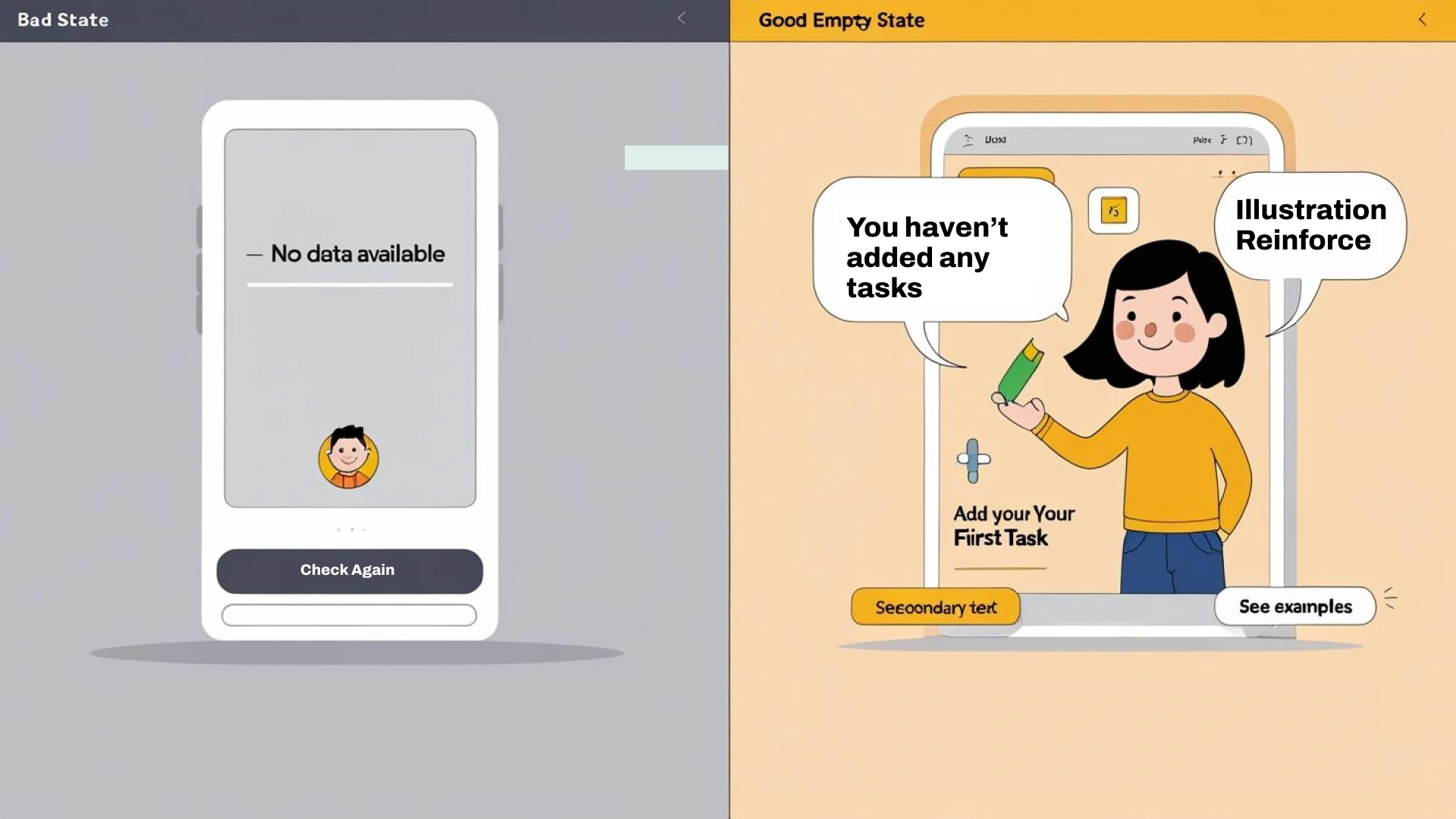Side-by-side comparison: Left = Bad Empty State (blank, unhelpful) Right = Good Empty State (engaging, helpful)