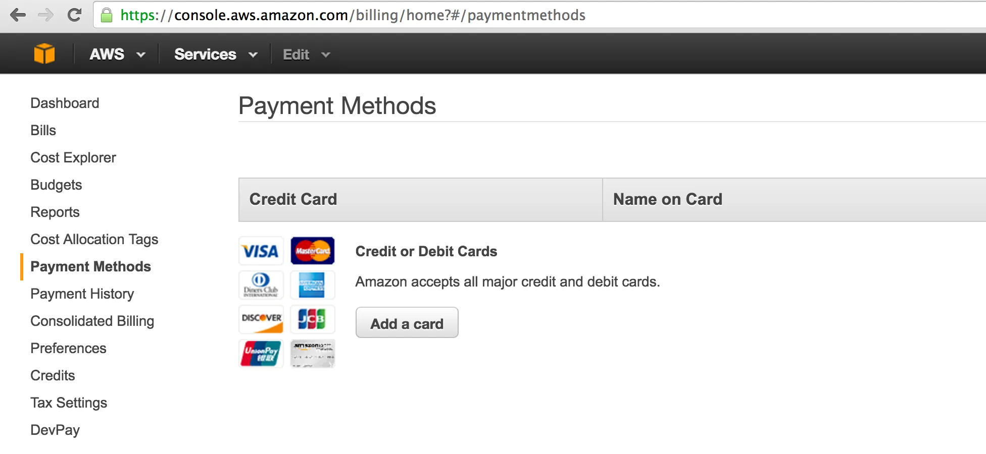 Adding a Payment Method dashboard image