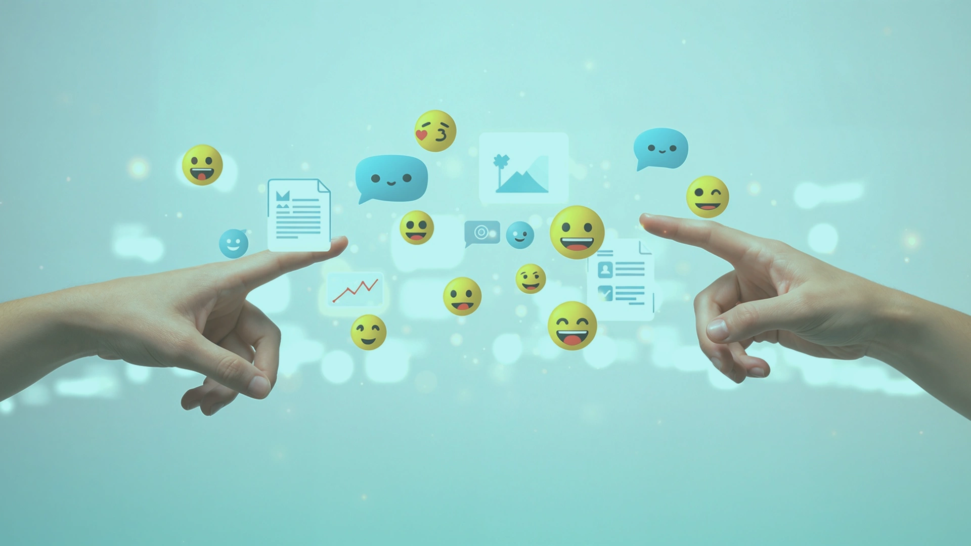 Illustrate social media icons with happy, neutral, and sad emoji faces. 