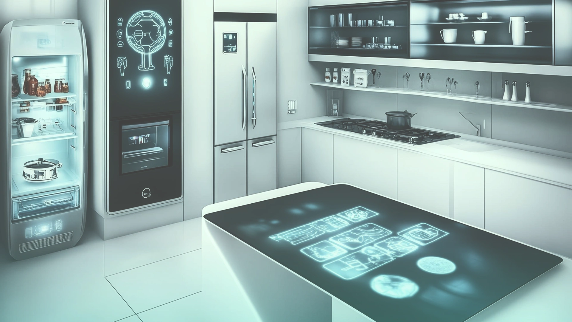 Modern kitchen with connected fridge screen visible Image 
