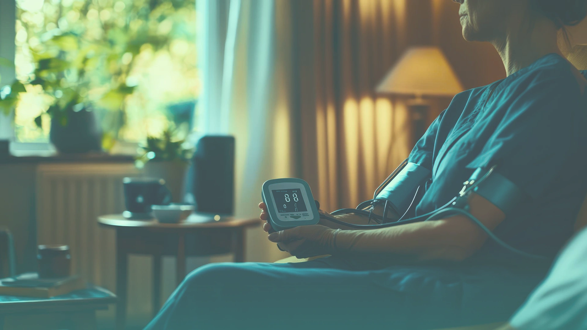  Doctor checking vitals on tablet; patient wearing smartwatch and BP cuff at home. Image 
