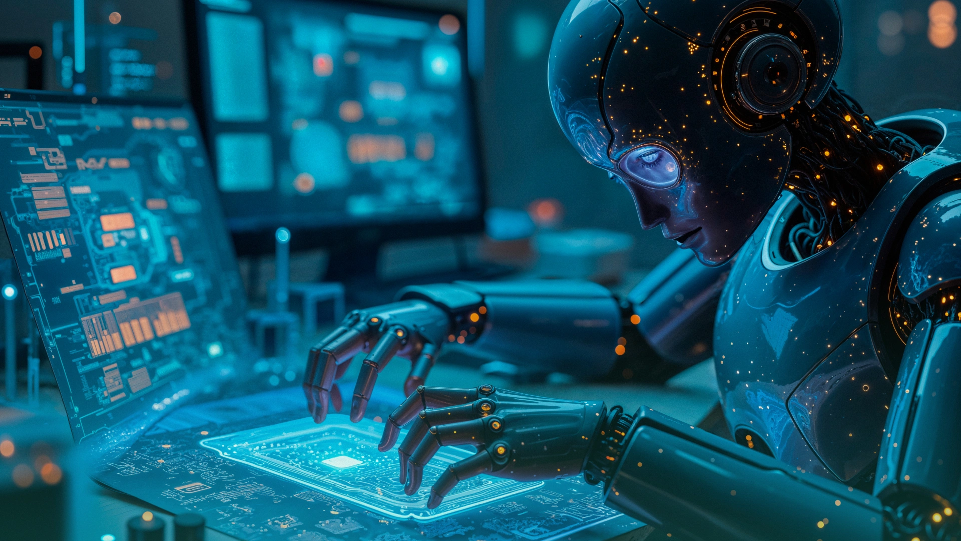 General Image of robot typing on laptop