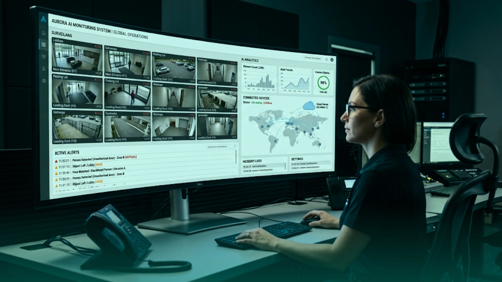AI operations specialist reviewing a monitoring dashboard with video feeds, alerts, analytics, and global system activity.