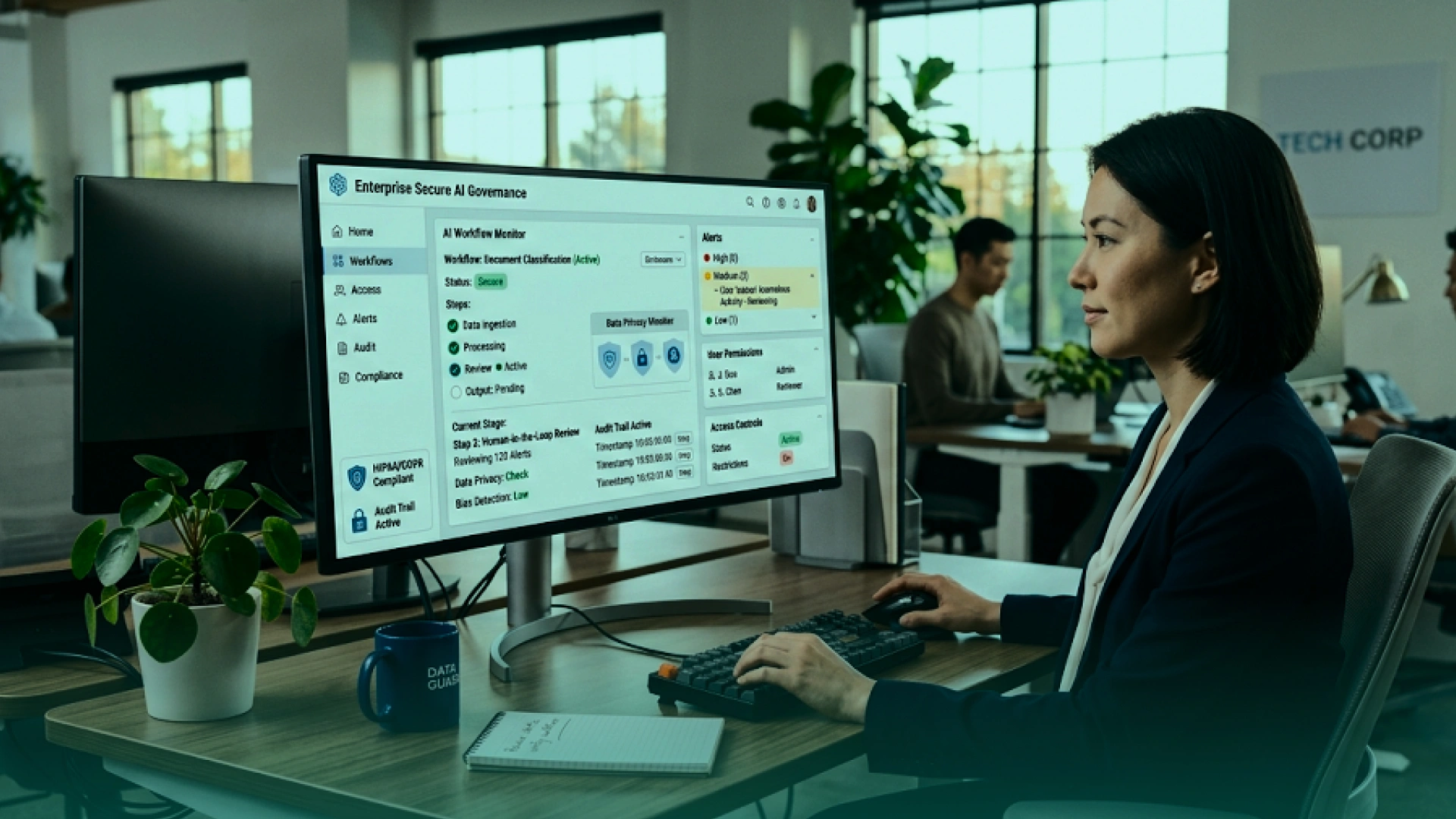 Enterprise AI governance dashboard showing workflow status, access controls, audit logs, alerts, and compliance checks.