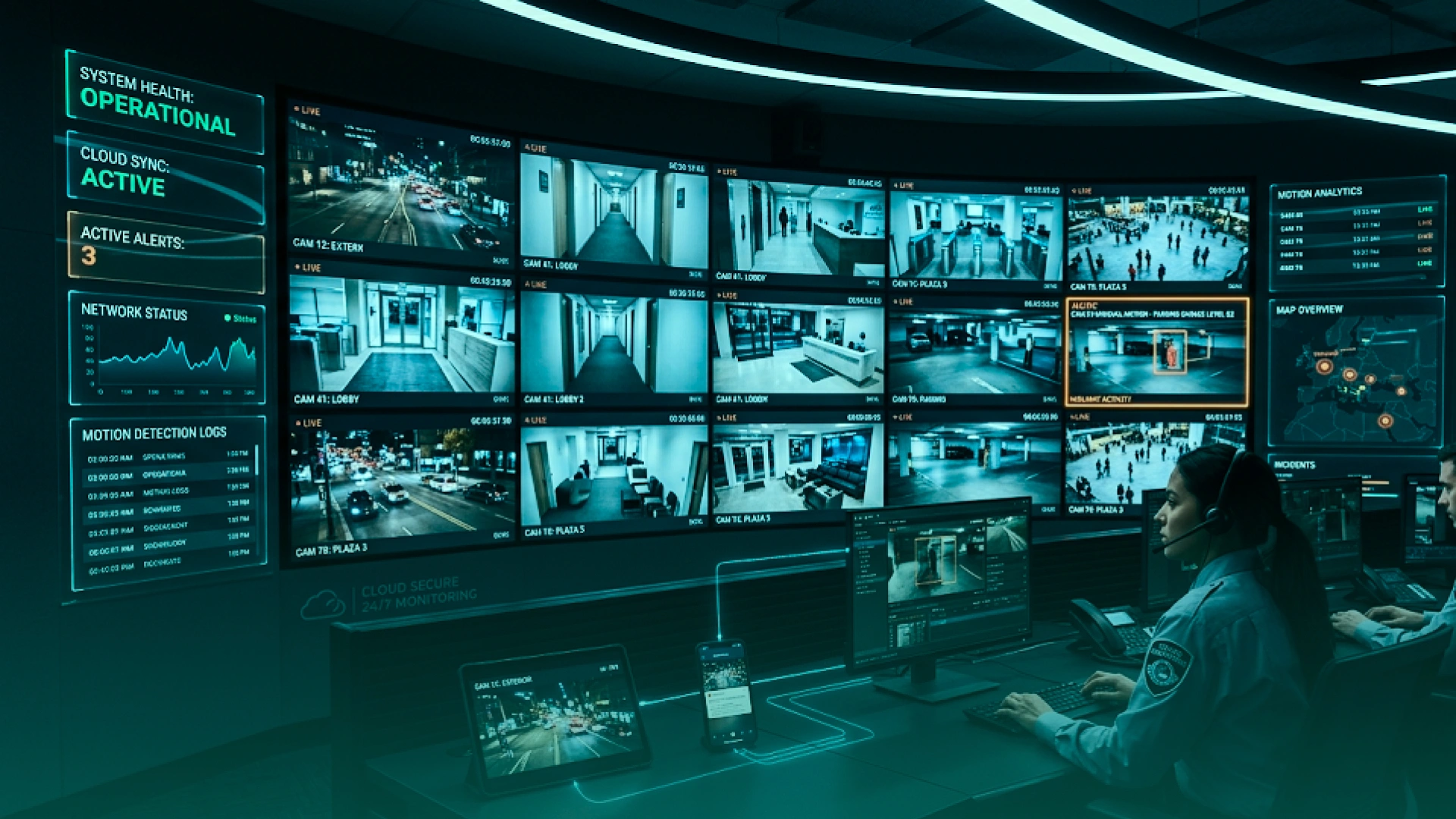 AI cloud surveillance platform with live camera monitoring, cloud sync, alerts, and security analytics dashboard