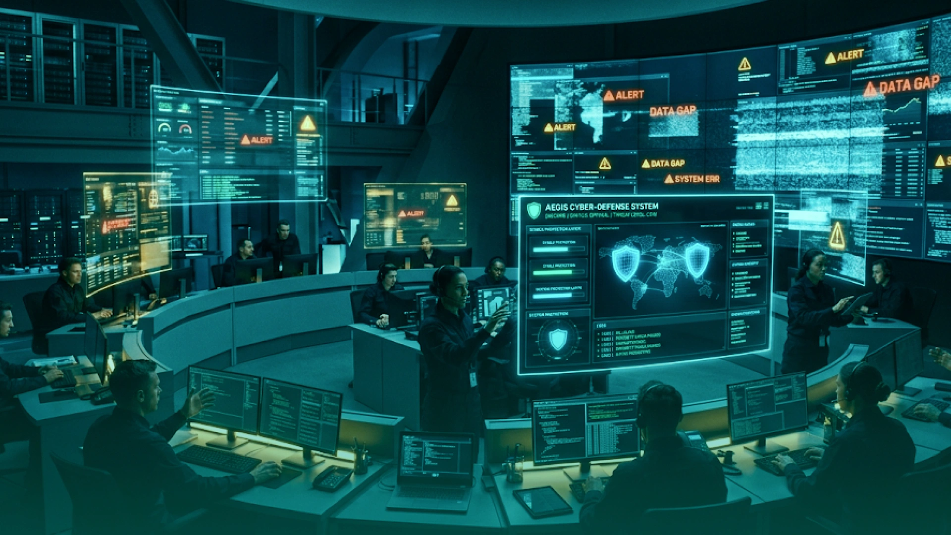 Cybersecurity operations center tracking alerts, data gaps, and cloud infrastructure risks during an outage