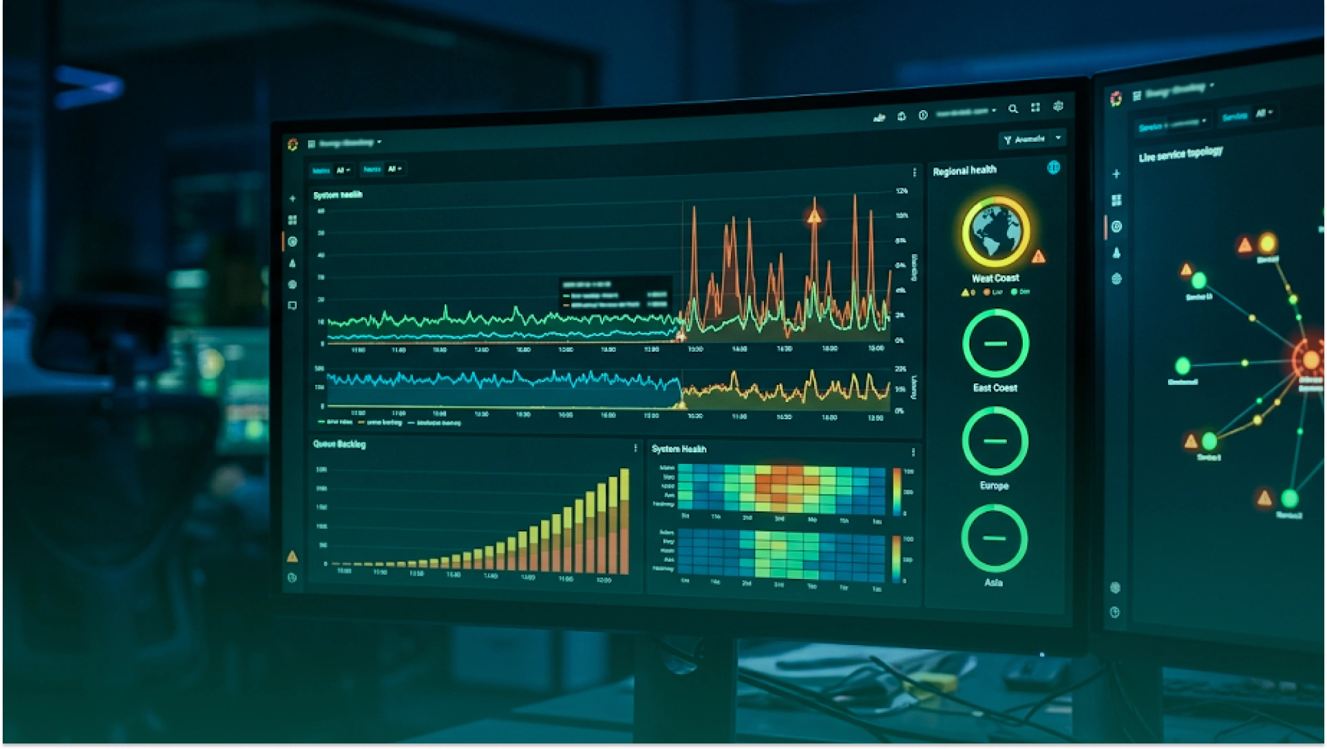 Serverless monitoring dashboard showing regional health, queue backlog, latency, and system alerts during cloud outages