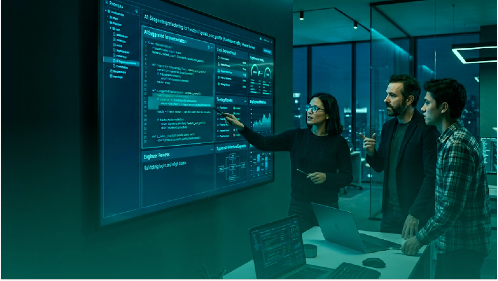 Engineering team reviewing AI-assisted software development workflow on a digital dashboard