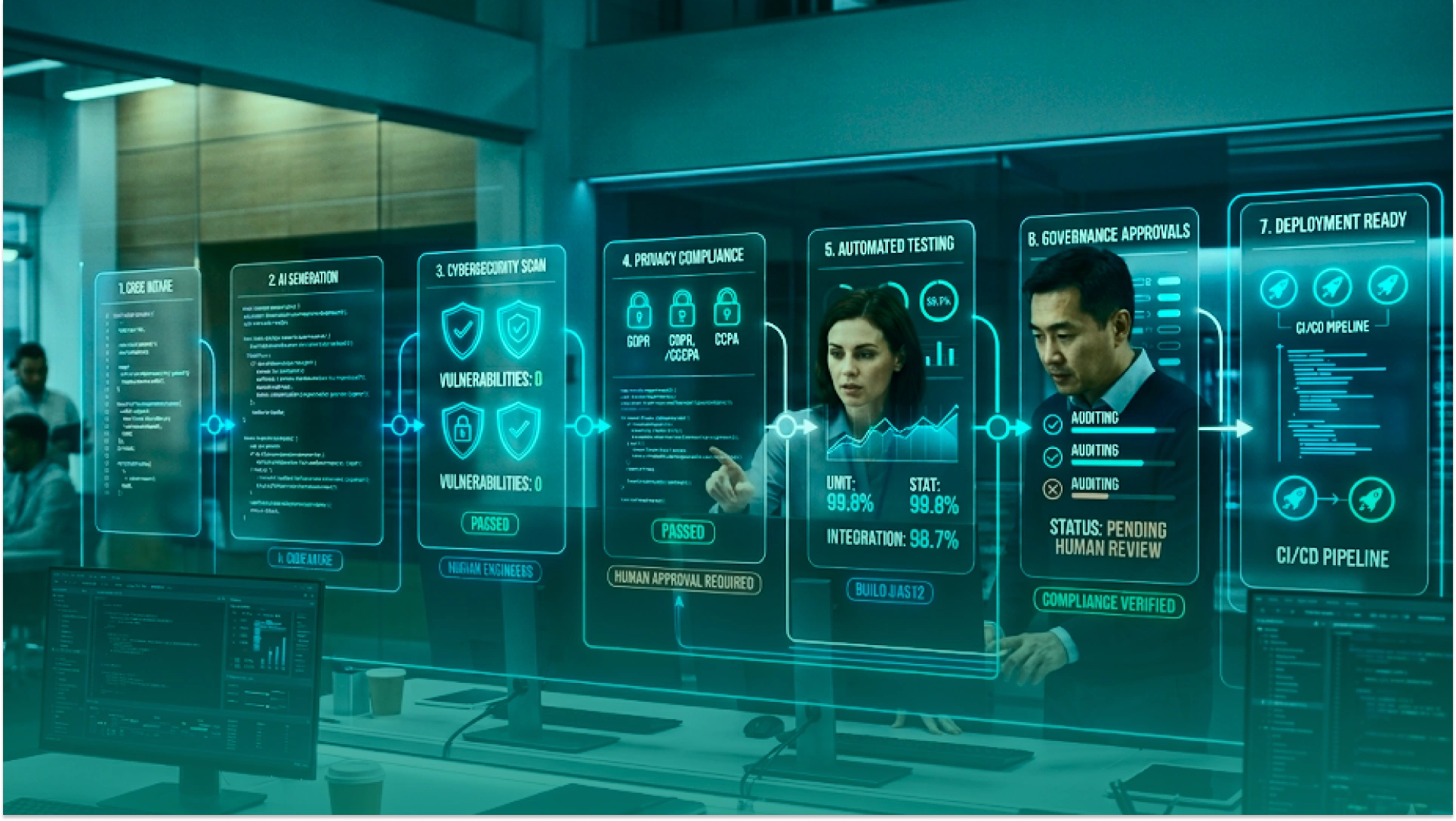 AI-first software development workflow with automated testing, security checks, governance, and deployment pipeline