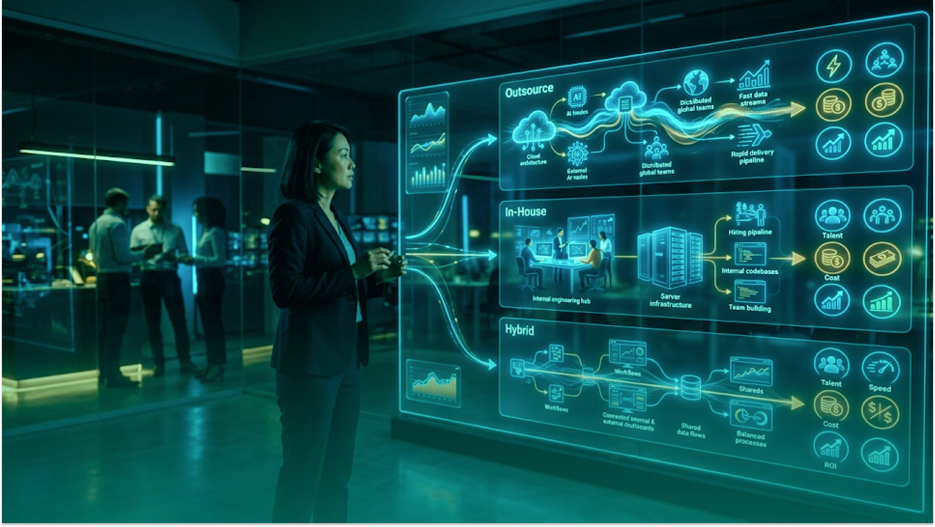 Business leader reviewing AI outsourcing, in-house AI, and hybrid development models on a futuristic digital dashboard